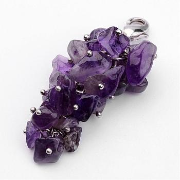Natural Chip Amethyst Pendant Decorations, with Brass Lobster Claw Clasps, Platinum, Purple, 53mm