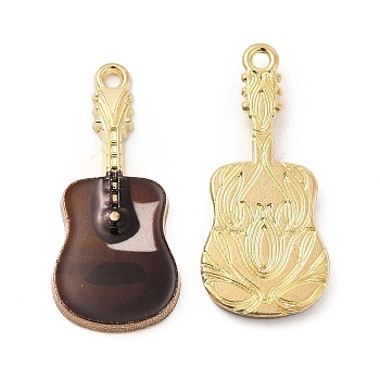 Rack Plating Golden Tone Alloy Pendants, with Printed Enamel, Cadmium Free & Nickel Free & Lead Free, Guitar Charm, Coconut Brown, 27x12x2mm, Hole: 1.4mm