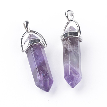 Natural Amethyst Double Terminated Pointed Pendants, with Platinum Plated Alloy Findings, Bullet, 41~43x8.5x7.5mm, Hole: 3.5x4.5mm