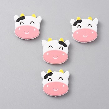 Cow Head Food Grade Silicone Beads, Chewing Beads For Teethers, DIY Nursing Necklaces Making, Pink, 29x30.5x7mm, Hole: 2mm
