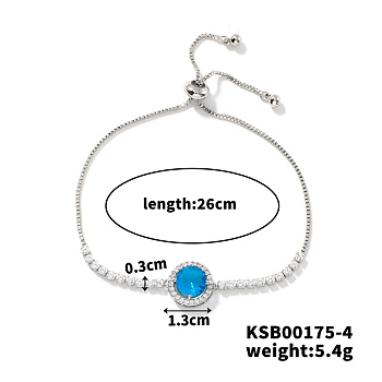 Adjustable Brass Rhinestone Link Slider Bracelets for Women, Indicolite, 10-1/4 inch(26cm)