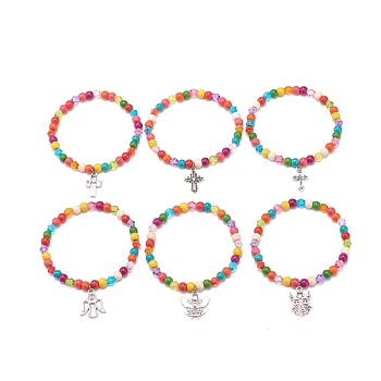 6Pcs 6 Style Synthetic Turquoise(Dyed) & Acrylic Beaded Stretch Bracelets Set, Fairy & Cross Alloy Charms Bracelets for Women, Colorful, Mixed Patterns, Inner Diameter: 2-1/8 inch(5.5cm), 1Pc/style