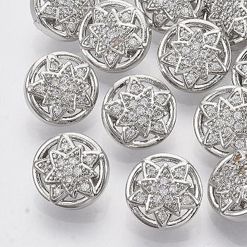 Brass Shank Buttons, with Micro Pave Cubic Zirconia, Flat Round with Star, Clear, Platinum, 11x6.5mm, Hole: 1.4mm