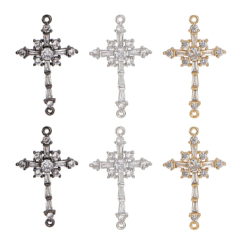 6Pcs 3 Colors Brass Micro Pave Cubic Zirconia Links, Cross, Mixed Color, 34x20x4mm, Hole: 1mm, 2pcs/color