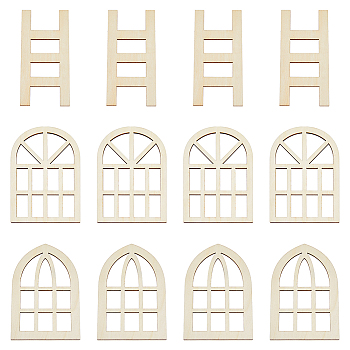 12Pcs 3 Styles Wooden Mini Ladders & Windows, Miniature Furniture, for Dollhouse Wall Decorations Photographic Props Accessories, Cornsilk, 148.5~149x72.5~99x3.5mm, 4pcs/style