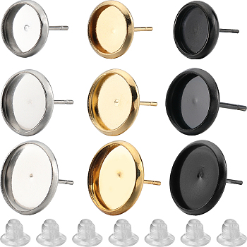 54Pcs 9 Style Flat Round 304 Stainless Steel Stud Earring Settings, with 60Pcs Plastic Ear Nuts, Mixed Color, 10~14mm, Pin: 0.7~0.8mm, tray: 8~12mm, 9Pcs/style