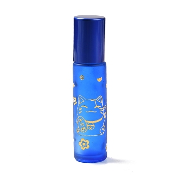 Glass Essential Oil Roller Bottles, with Lid and Stainless Steel Roller Balls, Refillable Bottles, Column with Fortune Cat Pattern & Chinese Character, Royal Blue, 2x8.6cm, Hole: 9.5mm, Capacity: 10ml(0.34fl. oz)