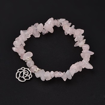 Natural Rose Quartz Beaded Stretch Bracelets, with 304 Stainless Steel Rose Charms, 2-1/8 inch(5.3cm)