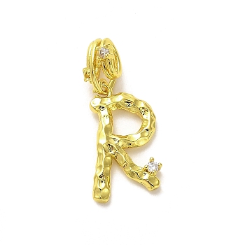 Rack Plating Brass Micro Pave Cubic Zirconia European Dangle Charms, Large Hole Letter Pendant, Real 18K Gold Plated, Long-Lasting Plated, Cadmium Free & Lead Free, Letter R, 25.5mm, Charm: 18x11x2mm, Hole: 4x2.5mm