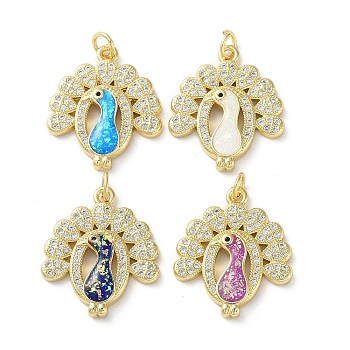 Brass Micro Pave Clear Cubic Zirconia Pendants, with Synthetic Opal, Real 18K Gold Plated, Peacock Charms, Mixed Color, 22.5x19.5x3mm, Hole: 3.5mm