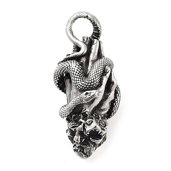 304 Stainless Steel Pendants, Hand with Snake Charm, Antique Silver, 42.5x19x17mm, Hole: 6mm