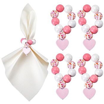 Heart Wood Beaded Napkin Rings, Napkin Holder Adornment, for Wedding Home Decoration, Pink, 95mm, 6pcs/set