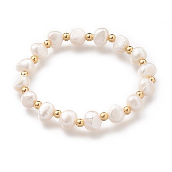Stretch Beaded Bracelets, with 304 Stainless Steel Round Beads and Shell Pearl Beads, Seashell Color, Golden, Inner Diameter: 1-7/8 inch(4.7cm)