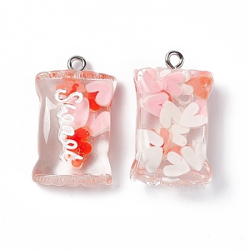 Transparent Resin Pendants, with Platinum Plated Iron Loops, Candy Charm with Word Sweet, Red, Heart Pattern, 27x16x6.5mm, Hole: 2mm