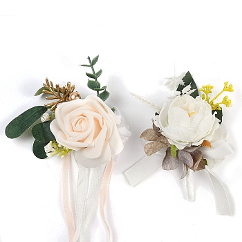 2Pcs 2 Style Silk Cloth Rose Flower Boutonniere Brooch & Wrist Corsage, for Wedding, Party Decorations, White, 125~140x80~150mm