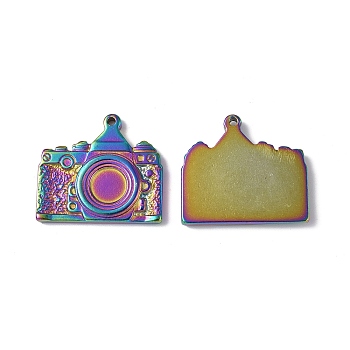 Ion Plating(IP) 304 Stainless Steel Pendant Cabochon Settings, Camera, Rainbow Color, 25x28x3.5mm, Hole: 1.5mm, Tray: 8mm