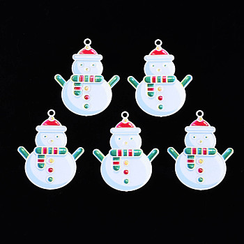 Spray Painted Brass Pendants, with Printed, Christmas Snowman, White, 35x27.5x0.4mm, Hole: 1.8mm