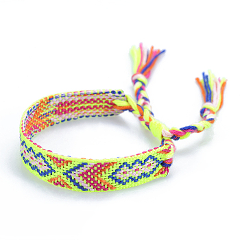 Polyester-cotton Braided Rhombus Pattern Cord Bracelet, Ethnic Tribal Adjustable Brazilian Bracelet for Women, Green Yellow, 5-7/8~11 inch(15~28cm)
