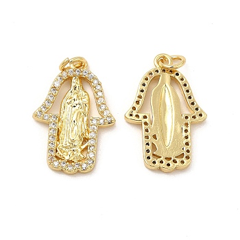 Brass Micro Pave Cubic Zirconia Pendants, with Jump Ring, Hamsa Hand/Hand of Miriam with Saint Charm, Golden, 22.5x15x2.1mm, Hole: 3.3mm