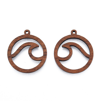 Natural Walnut Wood Pendants, Undyed, Hollow Ring Charm with Spindrift, Camel, 28x25x2.5mm, Hole: 1.6mm
