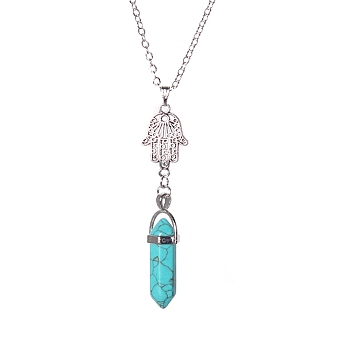 Aolly Hamsa Hand & Synthetic Turquoise Bullet Pendant Necklace, 17.72 inch(45cm)