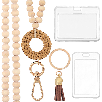1Pc Wood Round Beaded Name Card Strap, with Alloy Rings and Tassel, 2Pcs Clear Plastic ID Card Holder, Floral White, 22.05 inch(56cm)