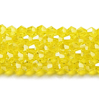 Transparent Electroplate Glass Beads Strands, Pearl Luster Plated, Faceted, Bicone, Yellow, 4x4mm, Hole: 0.8mm, about 87~98pcs/strand, 12.76~14.61 inch(32.4~37.1cm)