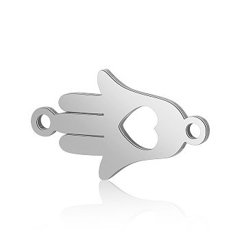 Titanium Steel Links connectors, Hamsa Hand/Hand of Fatima/Hand of Miriam with Heart, Stainless Steel Color, 16.5x9.5x0.8mm, Hole: 1mm