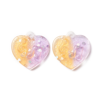Two Tone Transparent Resin Pendants, with Glitter Powder, Heart Charm with Music Note Pattern, Gold, Lilac, 20x20x5mm, Hole: 2mm