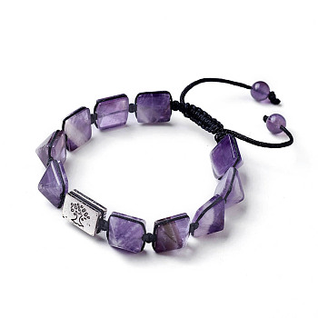 Natural Amethyst Braided Bead Bracelets, Nylon Cord Square Knot Bracelet, with Alloy Findings, Rectangle with Tree, 1-3/4 inch~3-1/8 inch(4.6~8cm)