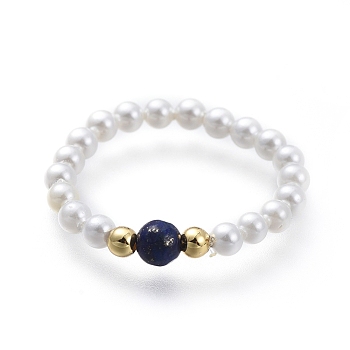 Natural Lapis Lazuli Gemstone Stretch Rings, with Round Shell Pearl Beads and Brass Beads, Golden, US Size 7 1/4(17.5mm)
