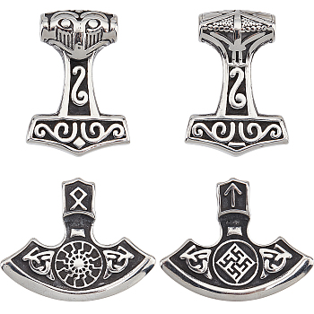 4Pcs 2 Style 304 Stainless Steel Pendants, Thor's Hammer, Antique Silver, 26~29x21~33x5.5~7mm, Hole: 3~4mm, 2pcs/style