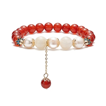Natural Carnelian(Dyed & Heated) & White Moonstone & Pearl Beaded Stretch Bracelet with Tassel Charms for Women, Inner Diameter: 2-1/4 inch(5.7cm)