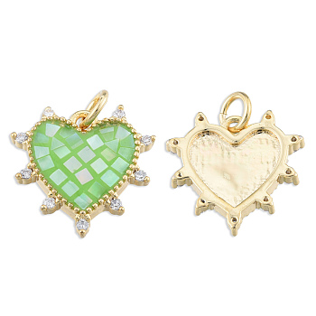 Brass Micro Pave Clear Cubic Zirconia Pendants, with Jump Rings and Shell, Enamel, Real 18K Gold Plated, Nickel Free, Heart, Light Green, 15.5x15.5x3mm, Jump Ring: 5x1mm, 3mm inner diameter