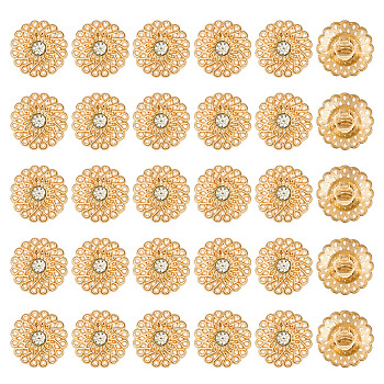 30Pcs 1-Hole Zinc Alloy Shank Buttons, with Rhinestone, Flat Round, Golden, 20x10.5mm, Hole: 2.1mm