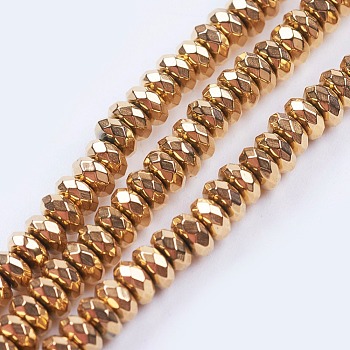Electroplate Non-magnetic Synthetic Hematite Beads Strands, Faceted, Rondelle, Golden Plated, 4x2.2mm, Hole: 0.8mm, about 187pcs/strand, 15.55 inch(39.5cm)