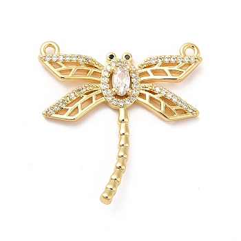 Brass Pave Clear & Jet Cubic Zirconia Connector Charms, Dragonfly Link, Long-Lasting Plated, Cadmium Free & Nickel Free & Lead Free, Real 18K Gold Plated, 30x29x4mm, Hole: 1.5mm