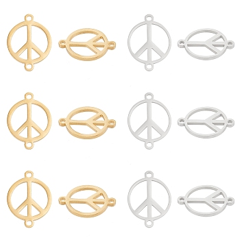 Unicraftale 12Pcs 2 Colors 201 Stainless Steel Links Connectors, Manual Polishing, Peace Sign, Mixed Color, 21x16x1.5mm, Hole: 1.6mm, 6pcs/color