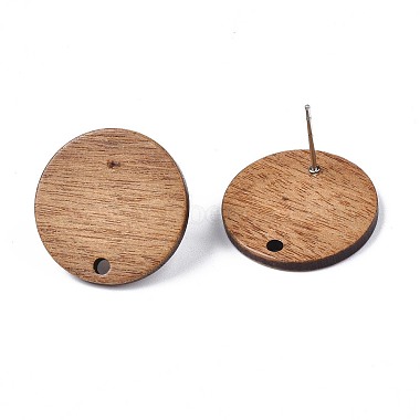 Stainless Steel Color Coconut Brown Flat Round Wood Stud Earring Findings