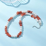 Natural South Red Agate Chip & Glass Pearl Round Beaded Necklaces for Women, with 304 Stainless Steel End Chains, Stainless Steel Color, 17.01 inch(43.2cm)(NJEW-JN05609)