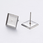 Tarnish Resistant 304 Stainless Steel Ear Stud Findings, Square, Stainless Steel Color, Tray: 10x10mm, 11x11x1.2mm, Pin: 0.8mm(X-STAS-P198-22)