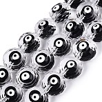 Glass Enamel Beads Strands, Flat Round with Evil Eye Pattern, Faceted, Black, 10x6~8mm, Hole: 1~1.2mm, about 35pcs/strand, 12.99~13.39 inch(33~34cm)(GLAA-Q112-01A-01)