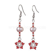 Natural Pearl Dangle Earrings, TOHO Seed Beaded Star Long Drop Earrings with 304 Stainless Steel Pins, FireBrick, 54x12mm(EJEW-MZ00120-03)