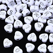 Opaque White Acrylic Beads, Heart with Silver Random Letters, Random Mixed Letters, 6.5x7x4mm, Hole: 1.6mm, about 3450pcs/500g(MACR-Q242-006)