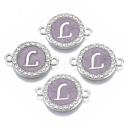 Alloy Enamel Links Connectors, with Crystal Rhinestones, Flat Round with Letter, Silver Color Plated, Letter.L, 22x16x2mm, Hole: 1.8mm(ENAM-TAC0003-01S-01L)