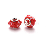 Handmade Lampwork European Beads, Bumpy, Large Hole Rondelle Beads, with Platinum Tone Brass Double Cores, Rondelle, Red, 14~15x9~10mm, Hole: 5mm(LPDL-N001-045-B02)