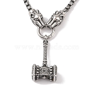 304 Stainless Steel Tiger Head King Box Chain Viking Mjolnir Thor Hammer Pendant Necklaces for Men, Antique Silver, 24.21 inch(61.5cm)(NJEW-K378-04AS)