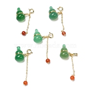 Natural Green & Red Agate Gourd Pendant Decorations, with Brass Lobster Claw Clasps, Real 14K Gold Plated, 35mm, Pendant: 16x9.5mm(G-K341-14G)