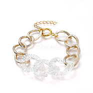 Aluminum Curb Chain Bracelets, with Transparent Acrylic Linking Rings Rhinestone Settings and Brass Spring Ring Clasps, Light Gold, 7-1/2 inch(19cm)(BJEW-JB05172)