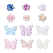 24Pcs 12 Style 3D Rose Organgza Lace Embroidery & Butterfly Ornament Accessories, Sewing Craft Decoration, Mixed Color, 30~36x30~50x2~8mm, 2pcs/style(DIY-BT0001-48)
